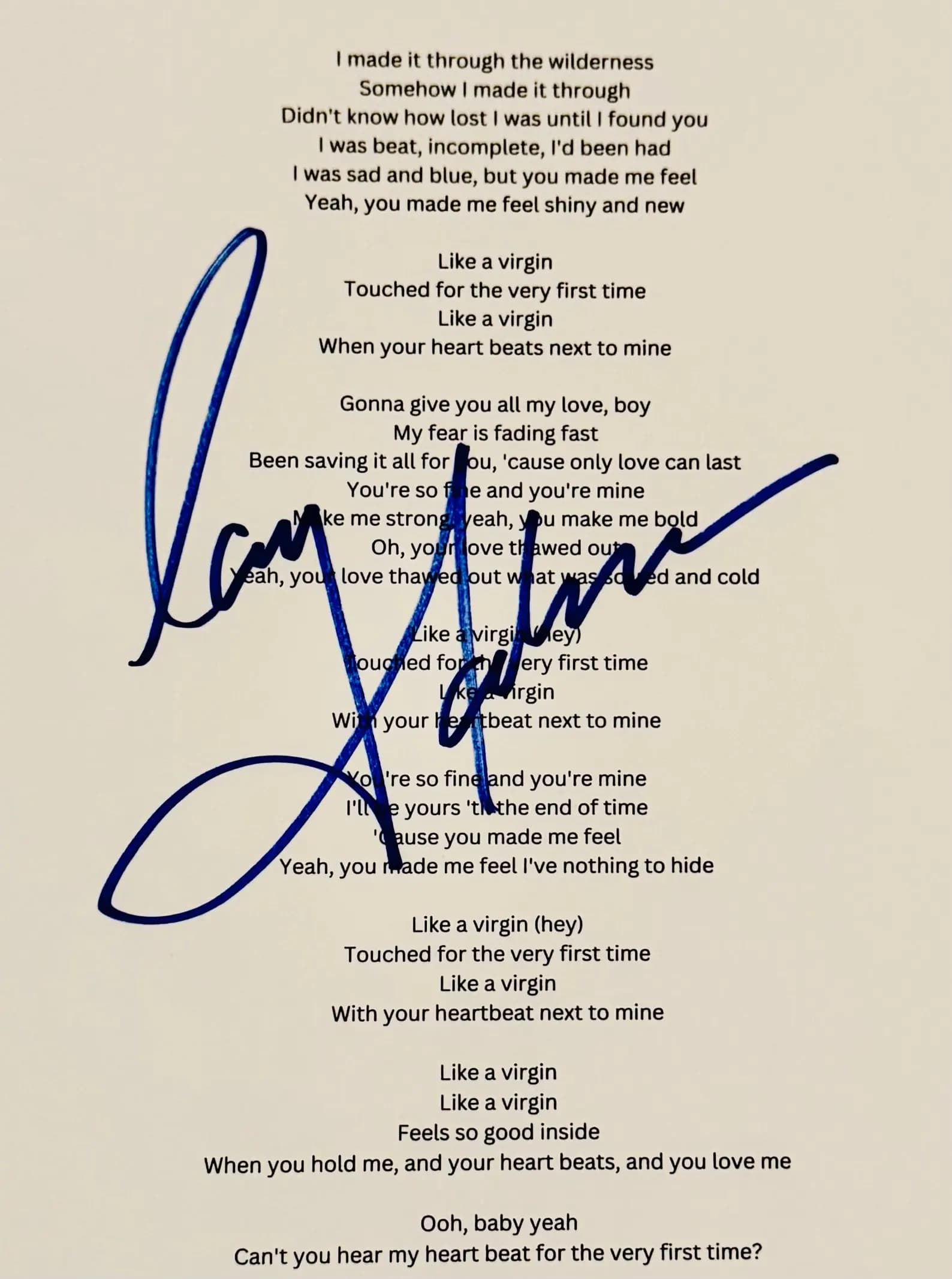 Madonna – Hand-Signed “Like a Virgin” Lyrics Sheet