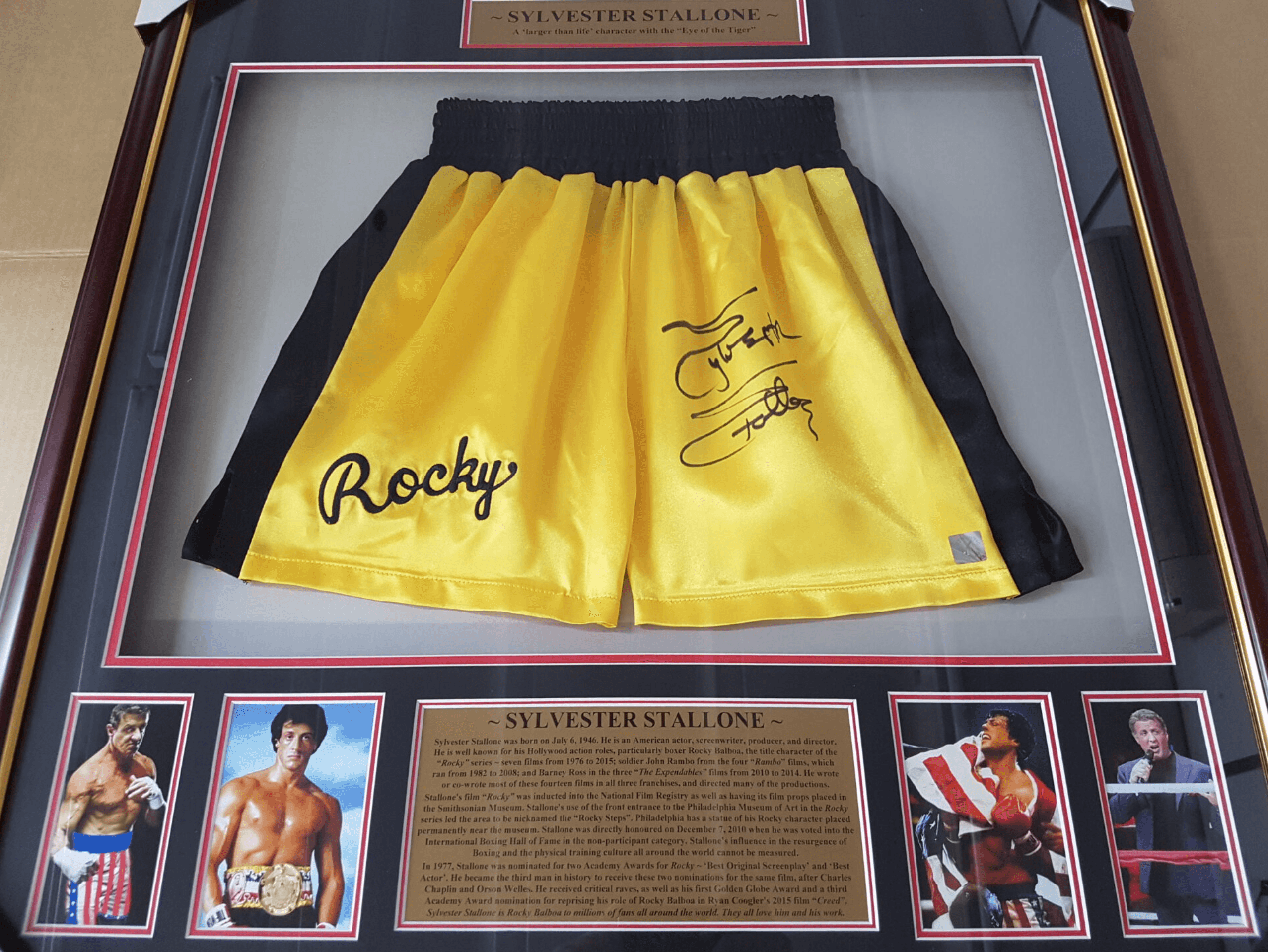 Sylvester Stallone Autographed “Rocky” Boxing Trunks – Framed Display